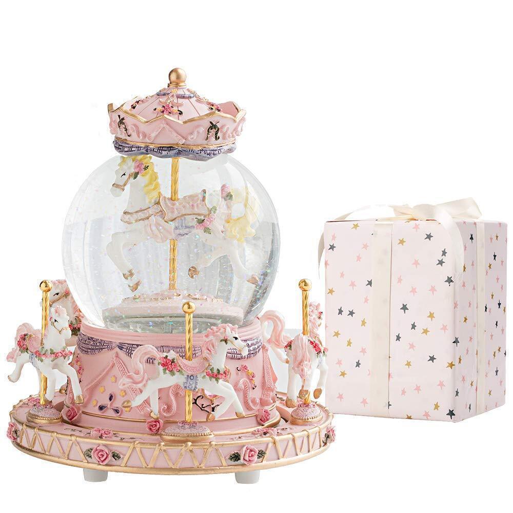 2185 Gift Wrapped Music Box Carousel Horses Color Lights Unicorn Musical